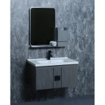 Grey Wood Bathroom Cabinet with Sink, Size 60 cm, Simple Design with Mirror and Medicine Cabinet
